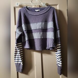 Oli & Hali Striped Oversized Long Sleeve Crop Top Large Grey